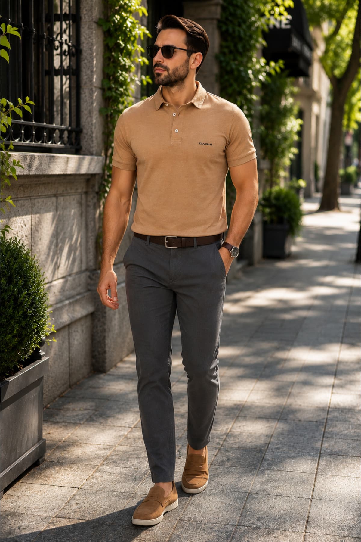 Erkek Slim Fit Düz Polo Tişört - Bej