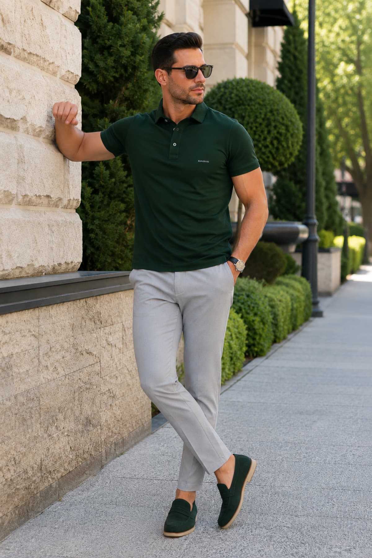 Erkek Slim Fit Düz Polo Tişört - Yeşil