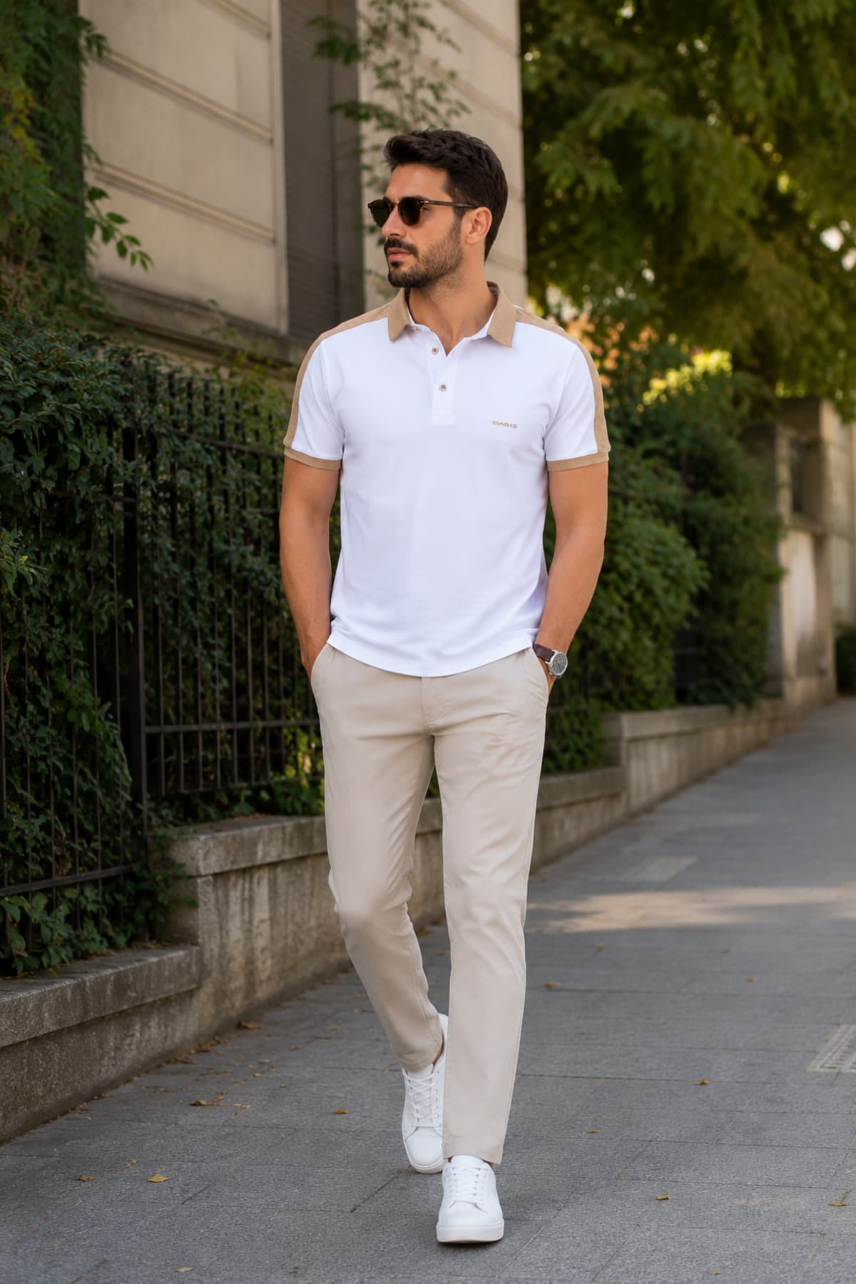 Erkek Slim Fit Omuz Garnili Polo Tişört - Bej