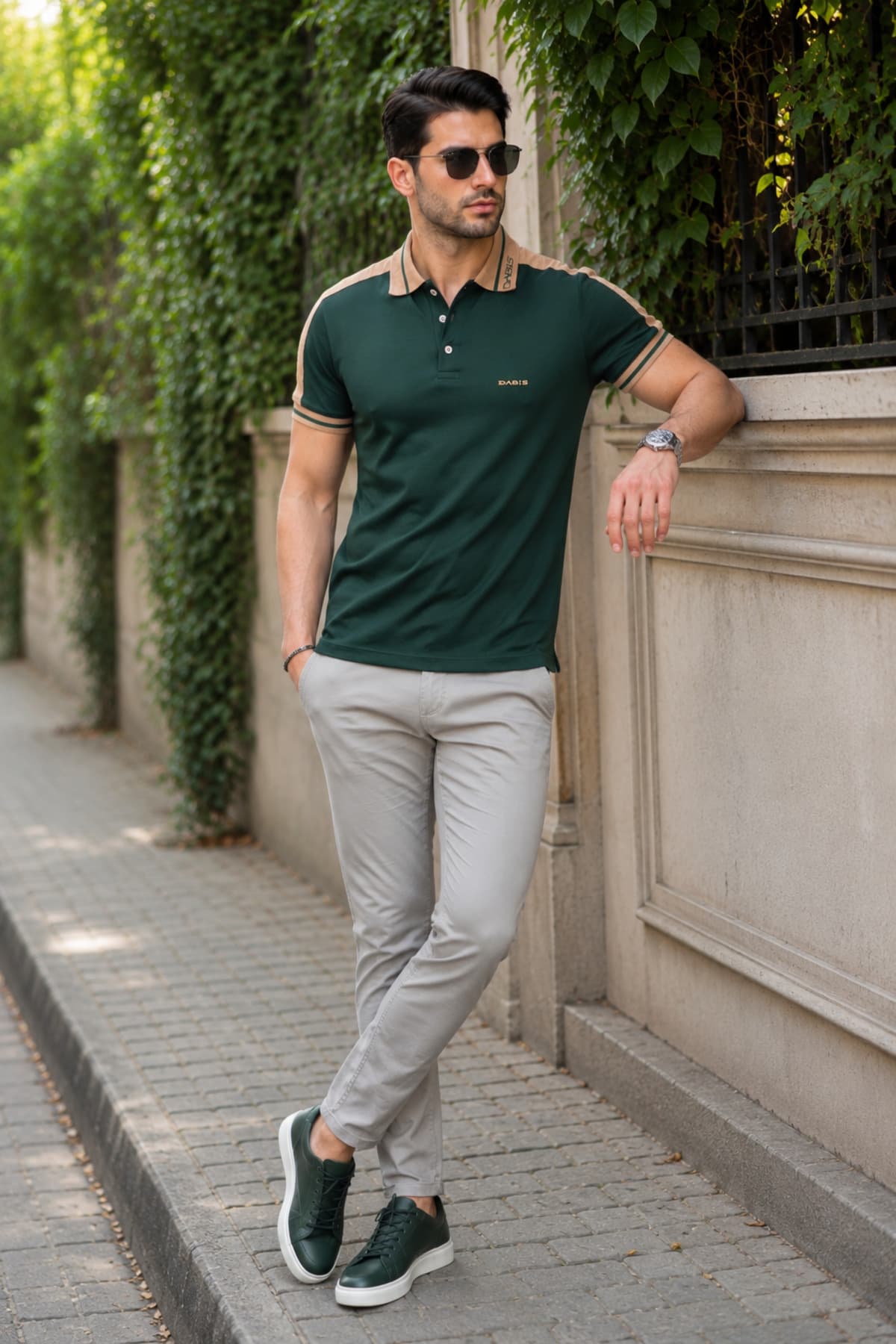 Erkek Slim Fit Omuz Garnili Polo Tişört - Yeşil