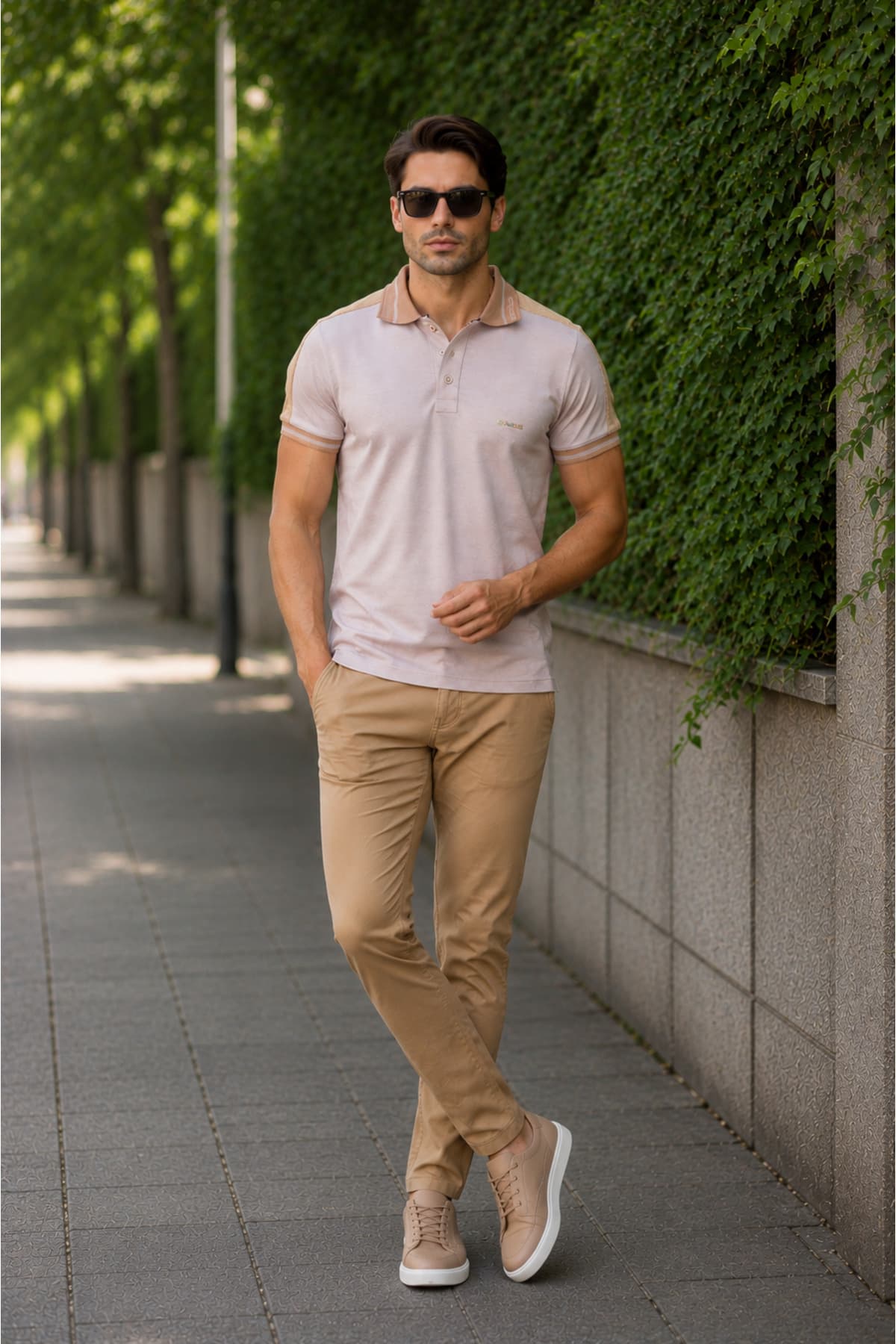 Erkek Slim Fit Omuz Garnili Polo Tişört - Bej Gömlek Yaka