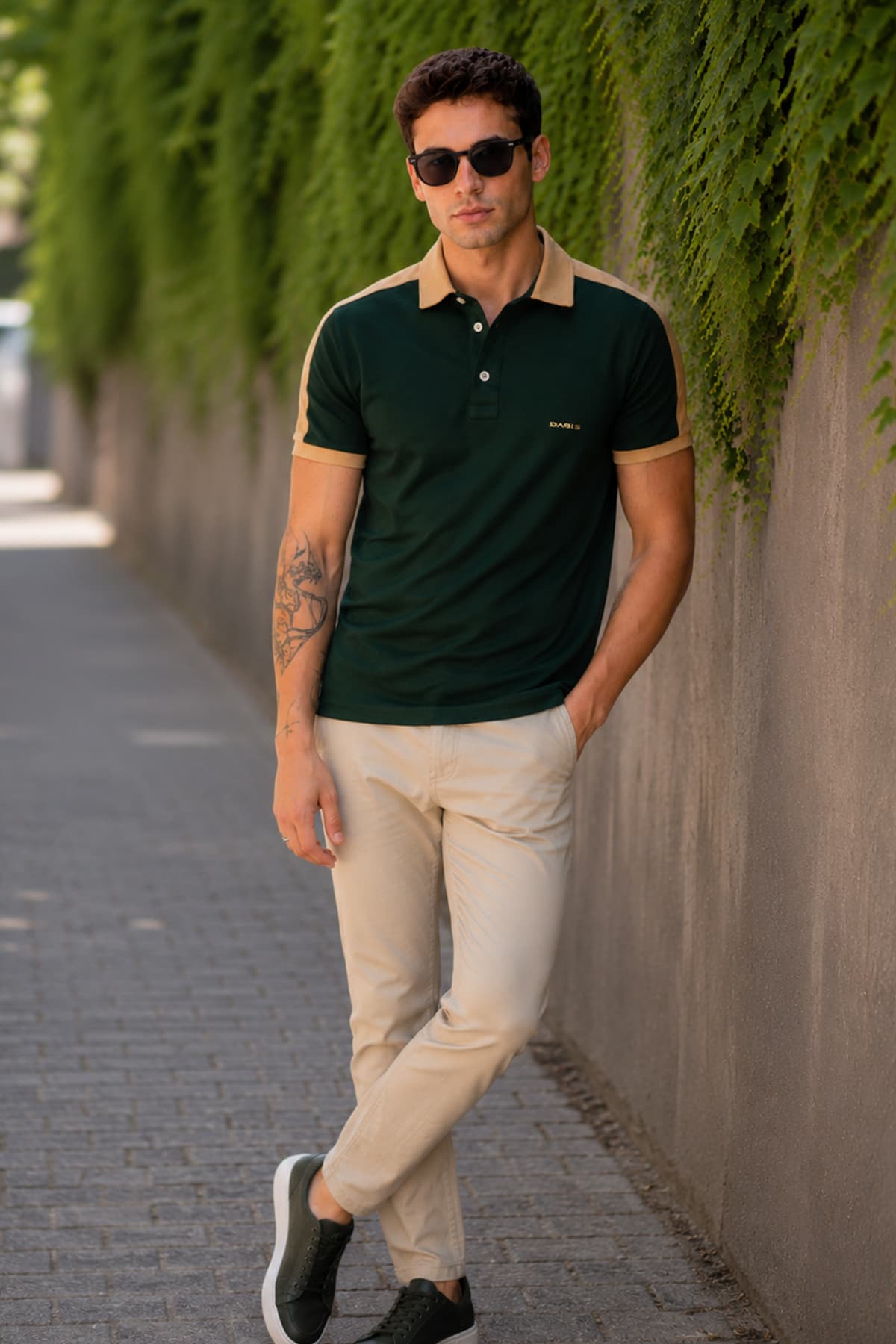 Erkek Slim Fit Omuz Garnili Polo Tişört - Yeşil