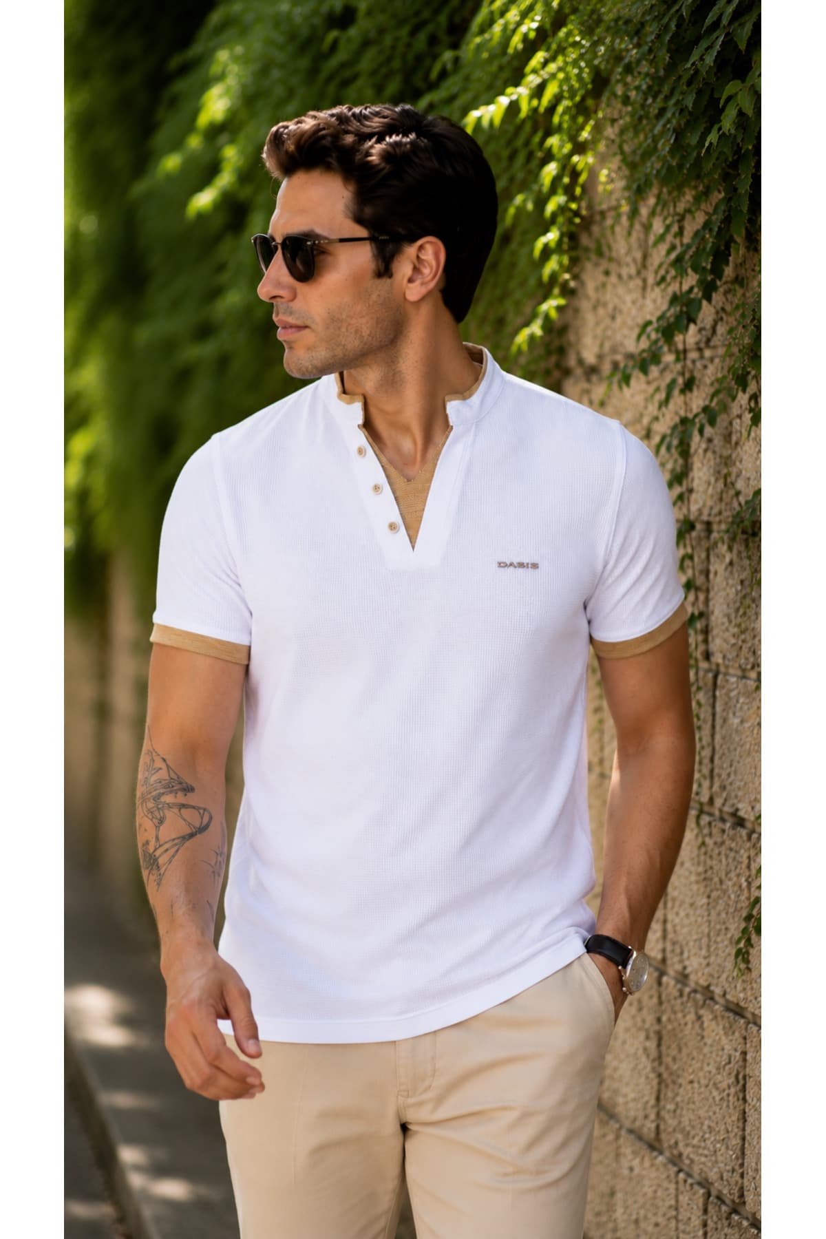 Erkek Slim Fit V Yaka Polo Tişört - Beyaz
