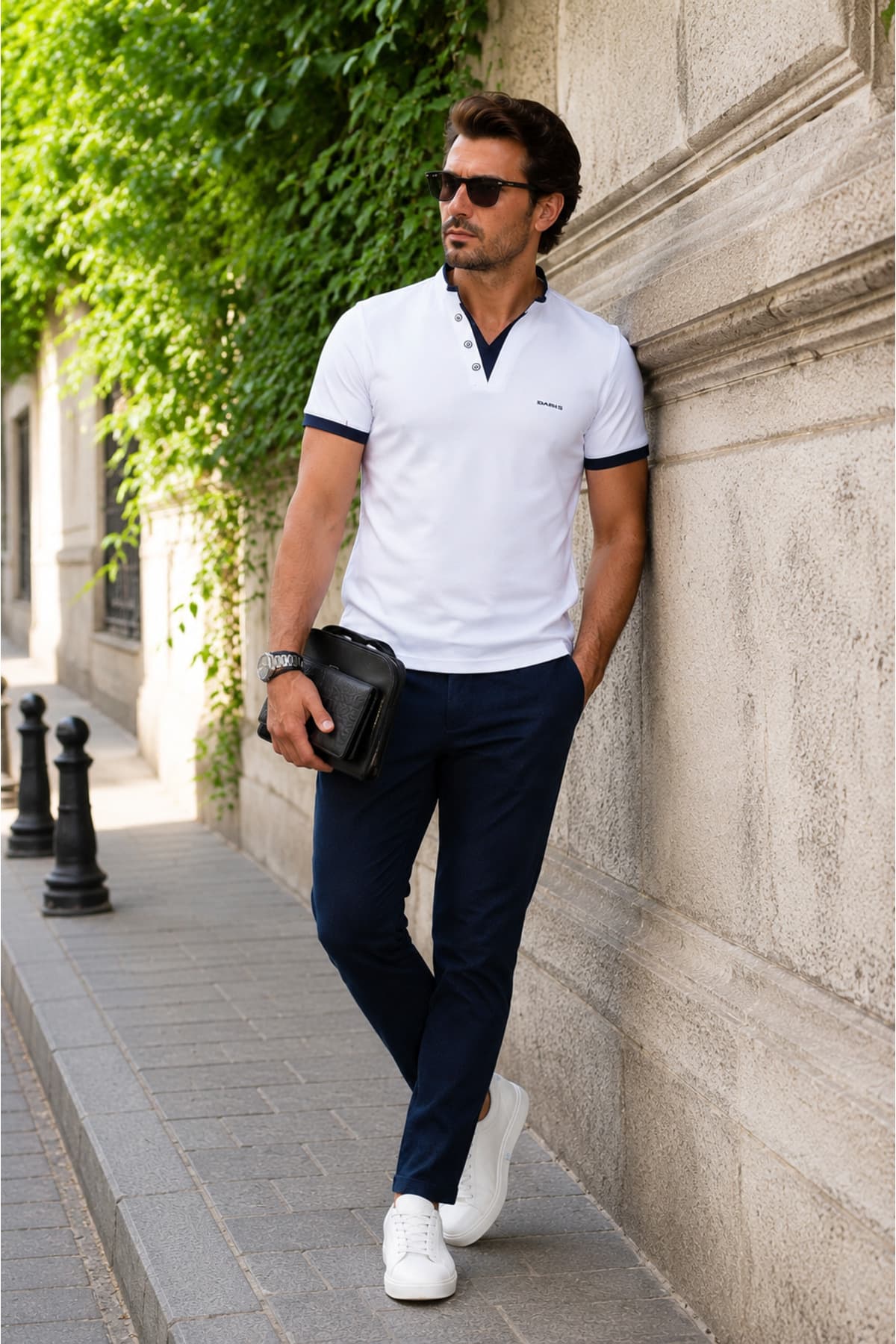 Erkek Slim Fit V Yaka Polo Tişört - Optik Beyaz