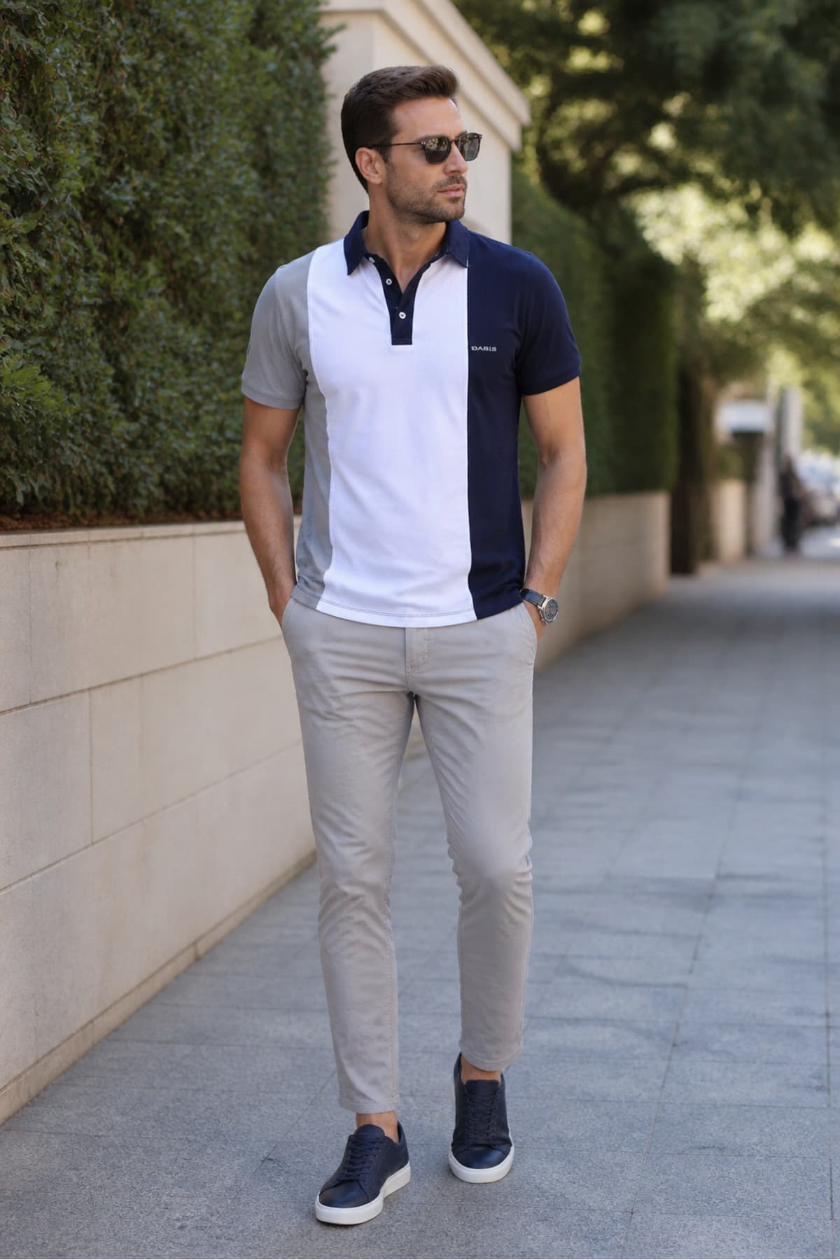 Erkek Slim Fit Üç Parçalı Polo Tişört - Lacivert Beyaz Gri