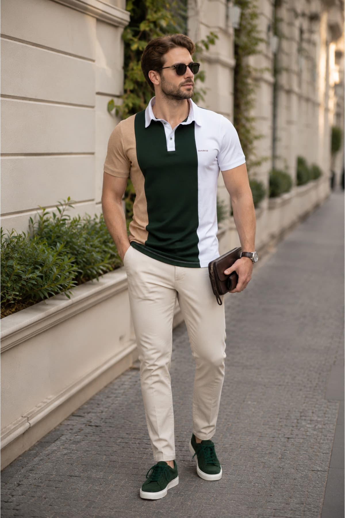 Erkek Slim Fit Üç Parçalı Polo Tişört - Yeşil Beyaz Krem